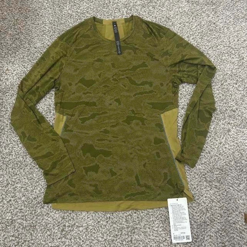 Lululemon Fast and Free Long Sleeve Shirt Mens Small Olive Camo LM3CQES CCJG